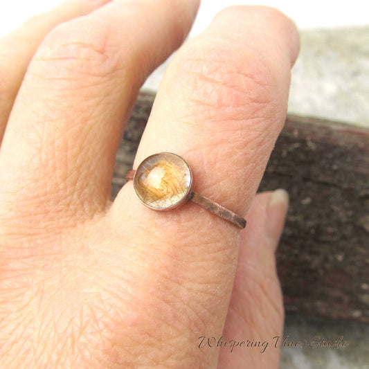 Artisan Rutilated Copper in Quartz Ring with Hammered Thin Band – Size 8.5