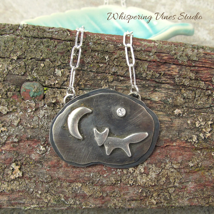 Fox and Moon Sterling Silver Necklace - Handmade Nature Inspired Jewelry