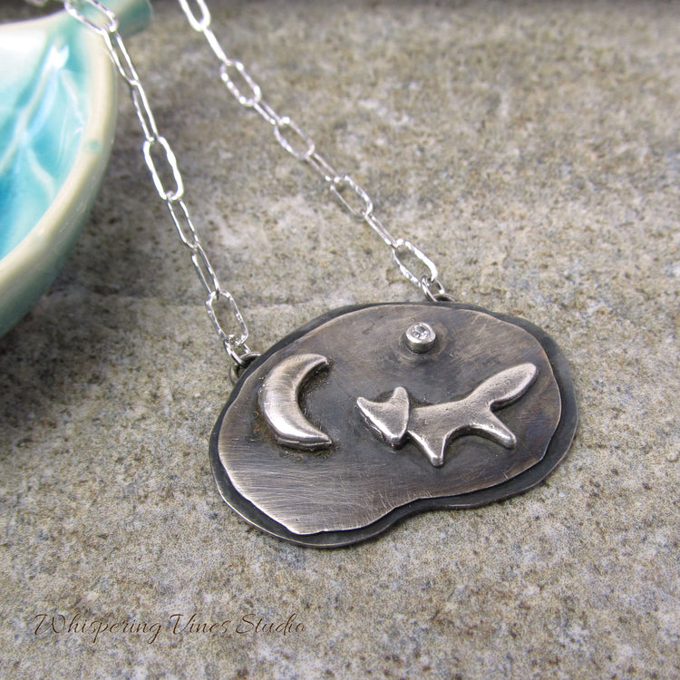 Fox and Moon Sterling Silver Necklace - Handmade Nature Inspired Jewelry