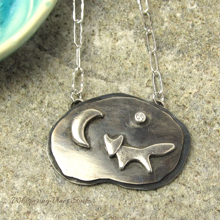 Fox and Moon Sterling Silver Necklace - Handmade Nature Inspired Jewelry