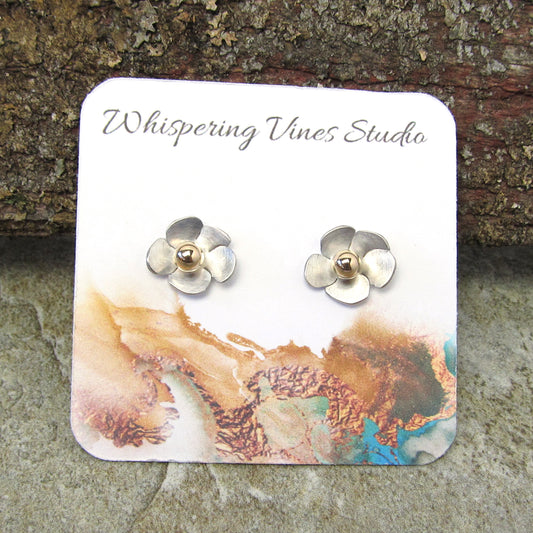 Handcrafted Sterling Silver Flower Post Earrings with 14K Gold Filled Ball