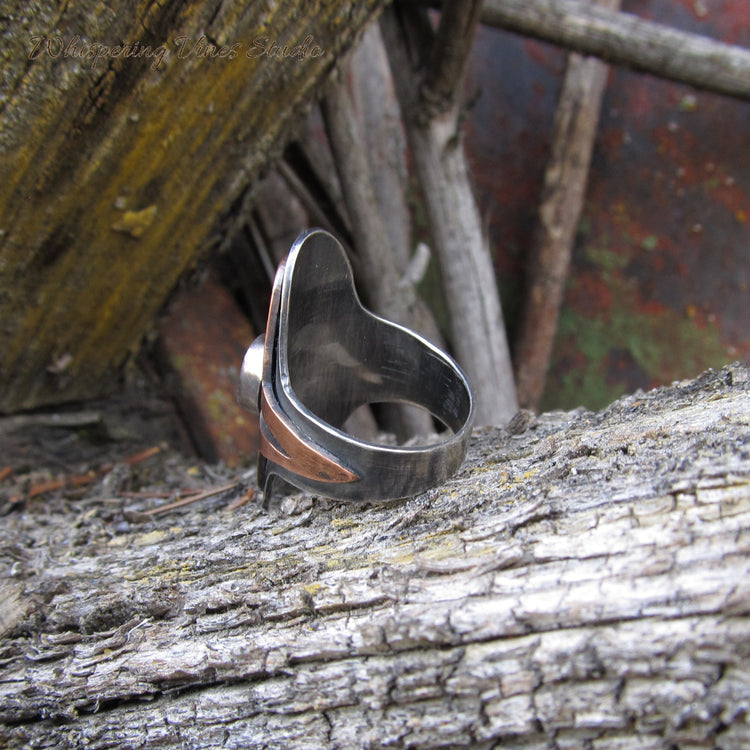 Handmade Tourmaline Saddle Ring with Copper Cutout Accents in Sterling Silver, Size 6.5