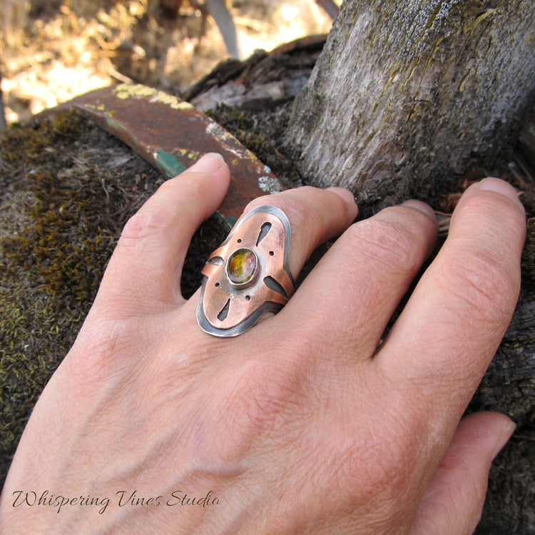 Handmade Tourmaline Saddle Ring with Copper Cutout Accents in Sterling Silver, Size 6.5