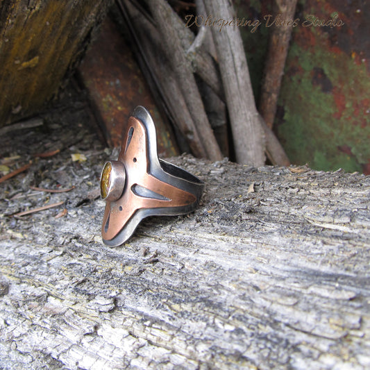 Handmade Tourmaline Saddle Ring with Copper Cutout Accents in Sterling Silver, Size 6.5