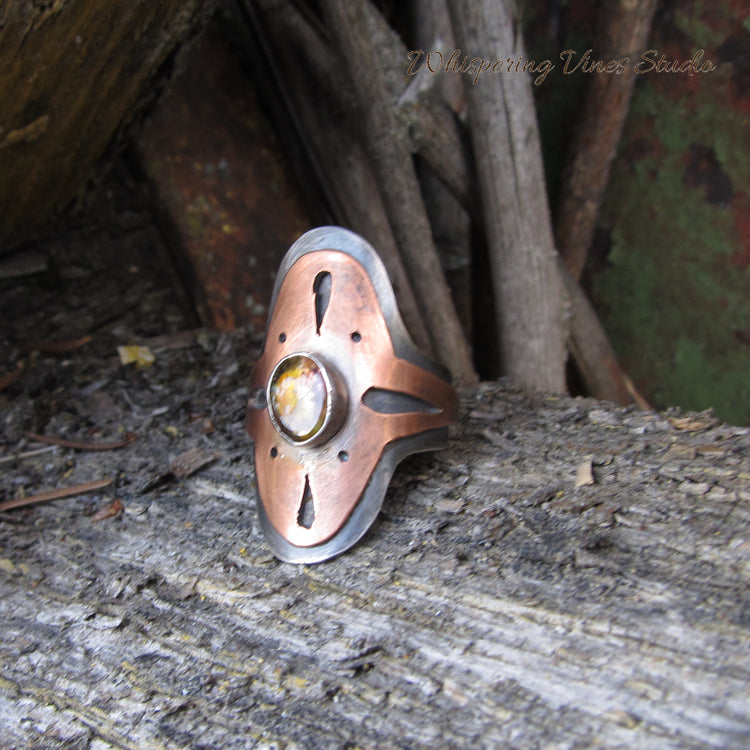 Handmade Tourmaline Saddle Ring with Copper Cutout Accents in Sterling Silver, Size 6.5