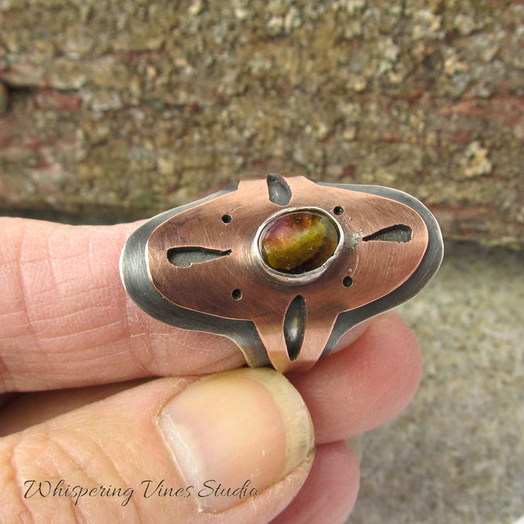 Handmade Tourmaline Saddle Ring with Copper Cutout Accents in Sterling Silver, Size 6.5