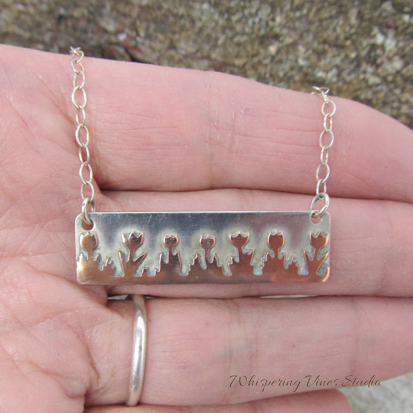 Glistening Sterling Silver Bar Necklace with Copper Tulip Accents