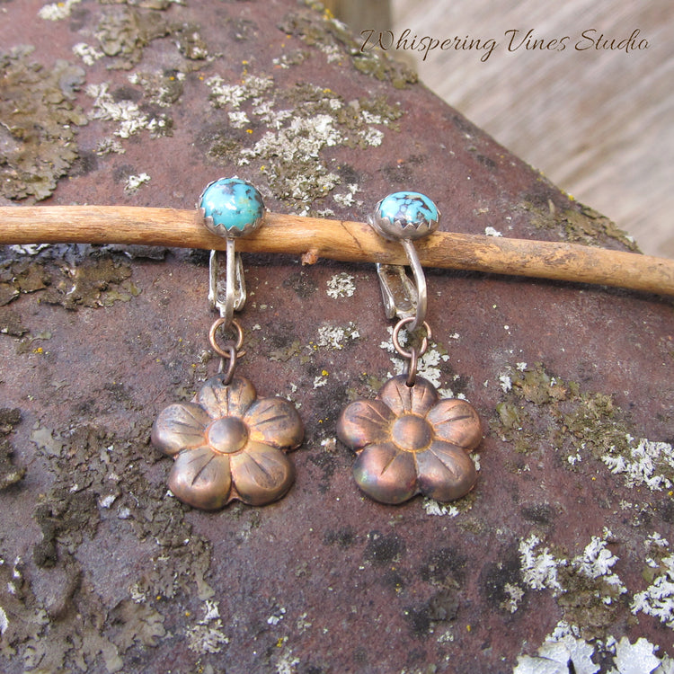 Handcrafted Turquoise Gemstone Clip-On Earrings with Copper Flower Dangle