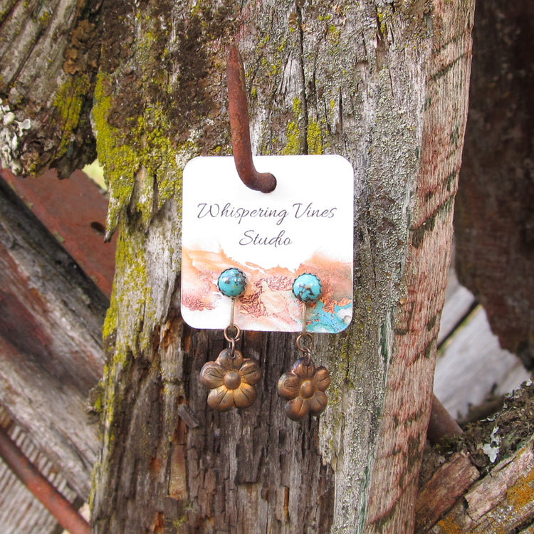 Handcrafted Turquoise Gemstone Clip-On Earrings with Copper Flower Dangle