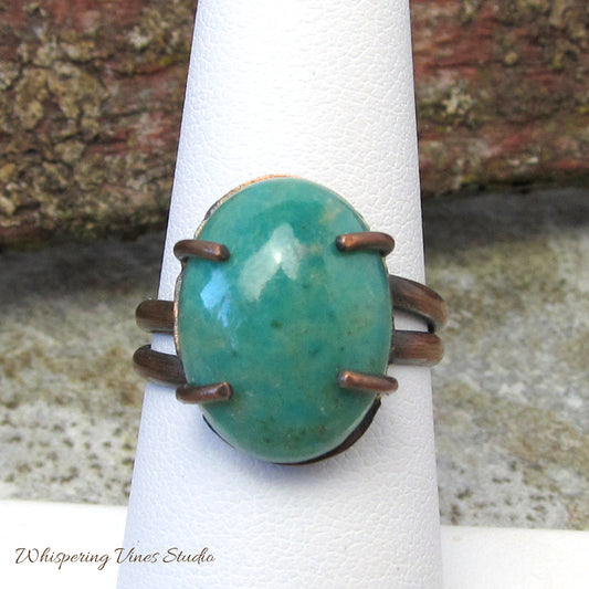 Handcrafted Nevada Turquoise Prong Set Ring, Size 7 with Double Wrap Copper Coated Band