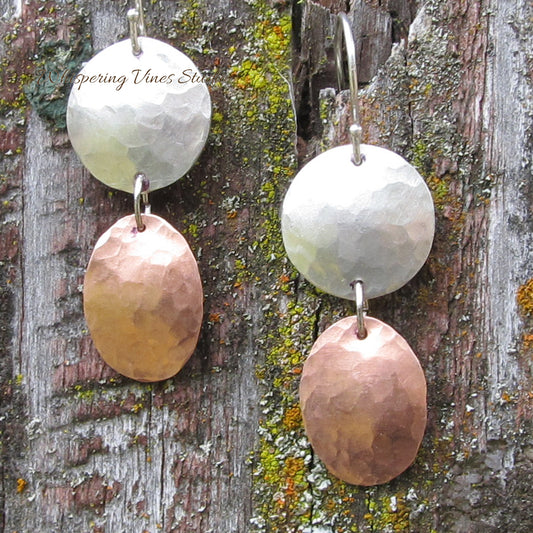 Sophisticated Handcrafted Hammered Sterling Silver and Textured Copper Dangle Earrings