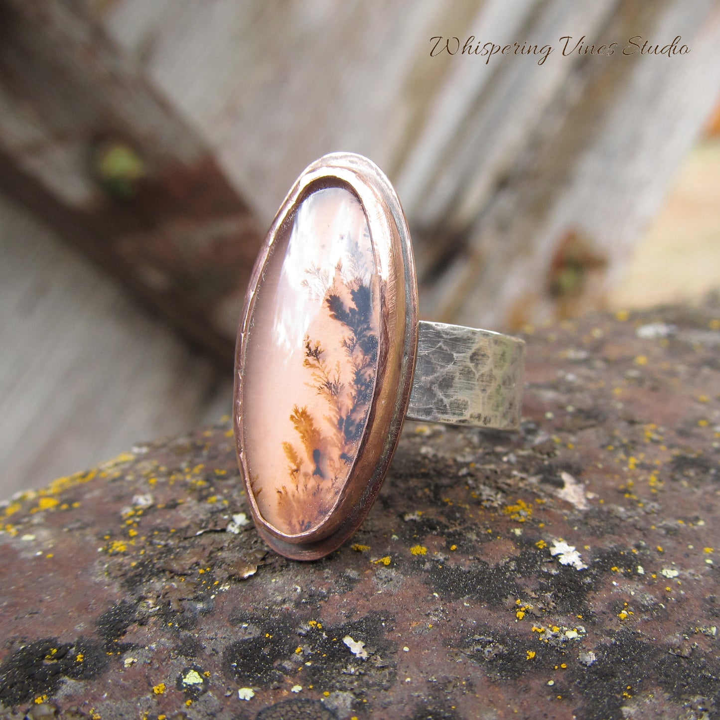 Wildflower Agate Ring Size 9.5 with Sterling Silver Wide Band and Copper Bezel Setting - Handcrafted Artisan Jewelry from Montana