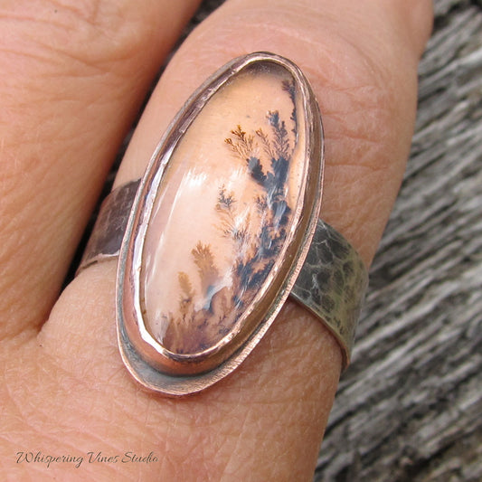 Wildflower Agate Ring Size 9.5 with Sterling Silver Wide Band and Copper Bezel Setting - Handcrafted Artisan Jewelry from Montana