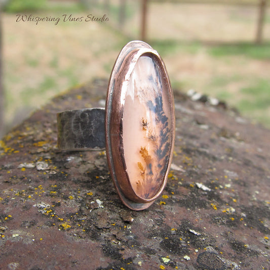 SOLD OUT-Wildflower Agate Ring Size 9.5 with Sterling Silver Wide Band and Copper Bezel Setting - Handcrafted Artisan Jewelry from Montana