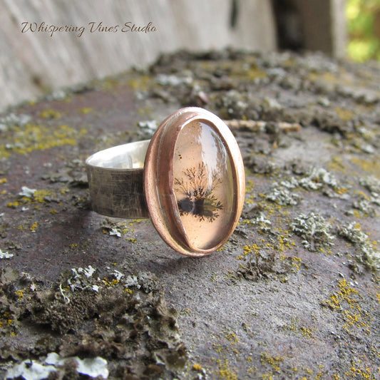 Dainty Wildflower Agate Gemstone Ring, Sterling Silver Hammered Band, Wide Band, Size 7.5, Handmade in Montana