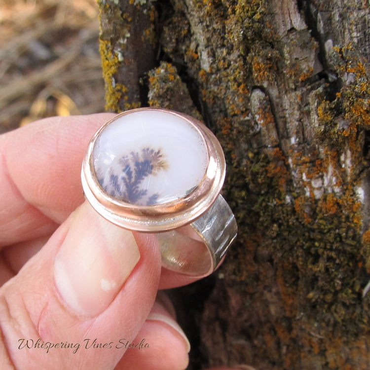 Natural Agate Gemstone Ring with Sterling Silver Tree Bark Pattern Band & Copper Bezel Size 8.5