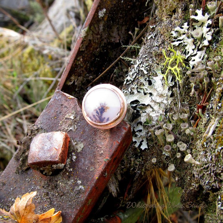 Natural Agate Gemstone Ring with Sterling Silver Tree Bark Pattern Band & Copper Bezel Size 8.5