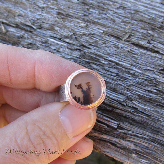 Balance and Calm Agate Healing Ring, Sized 6.5 with Sterling Silver Band and Copper Bezel Setting