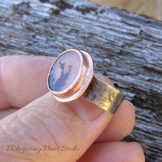 Balance and Calm Agate Healing Ring, Sized 6.5 with Sterling Silver Band and Copper Bezel Setting