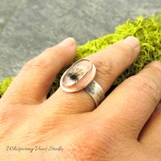 Dainty Wildflower Agate Gemstone Ring, Sterling Silver Hammered Band, Wide Band, Size 7.5, Handmade in Montana