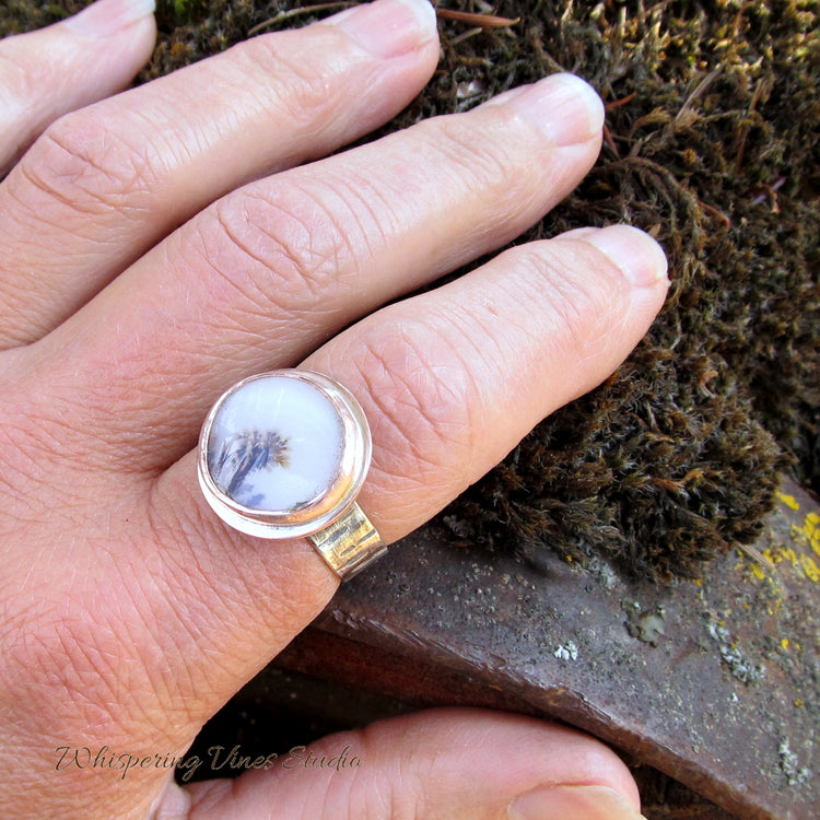Natural Agate Gemstone Ring with Sterling Silver Tree Bark Pattern Band & Copper Bezel Size 8.5