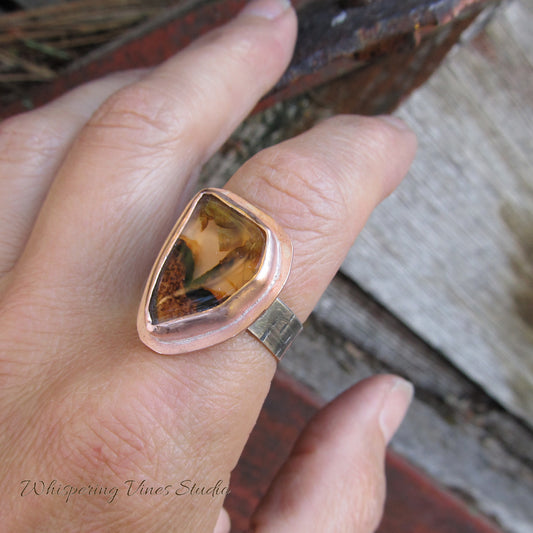 One-of-a-Kind Agate Ring with Tree Image - Montana Handcrafted - Size 9