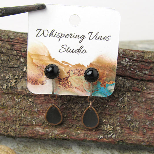 Handmade Sterling Silver Clip-On Earrings with Black Onyx Gemstones and Copper Leaf Dangle