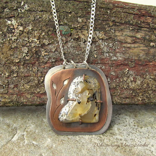 Montana Agate Necklace with Cut-out Copper Leaves, Handcrafted in Sterling Silver and Copper