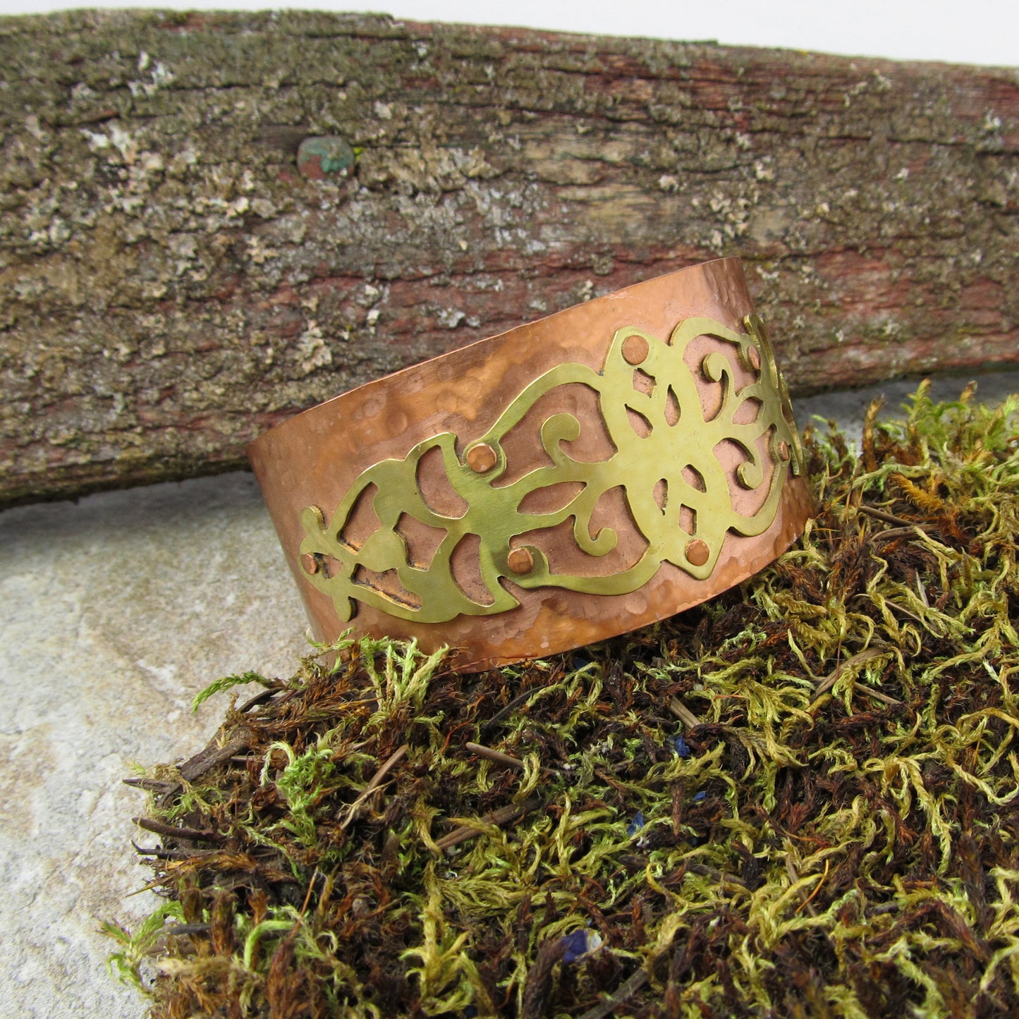 Handcrafted Copper Cuff with Intricate Brass Detail Cut Out