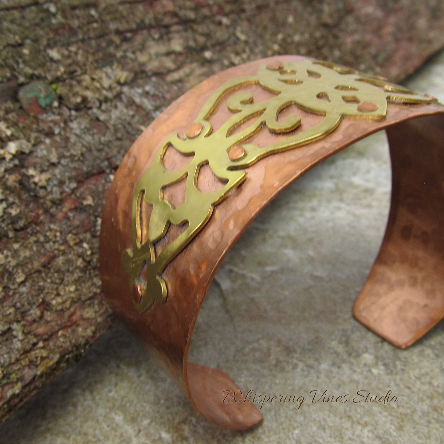 Handcrafted Copper Cuff with Intricate Brass Detail Cut Out