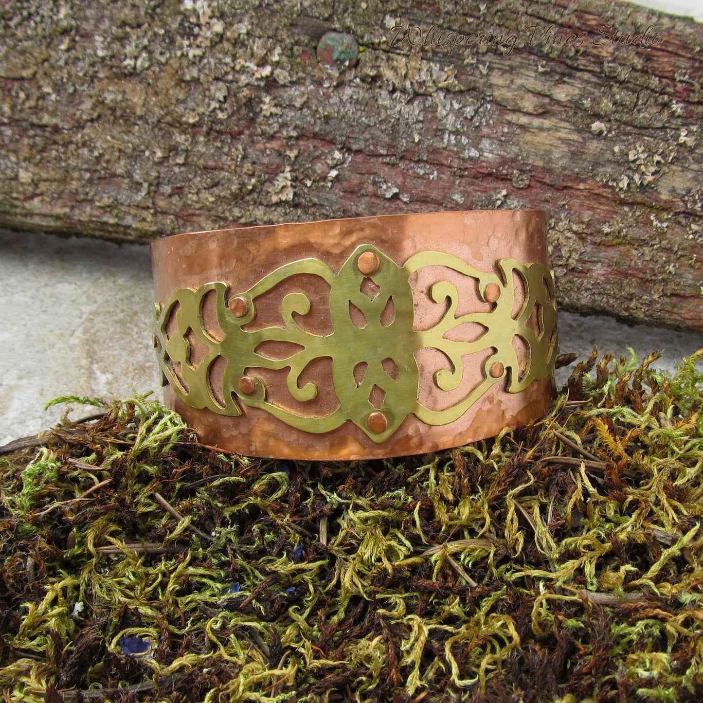 Handcrafted Copper Cuff with Intricate Brass Detail Cut Out