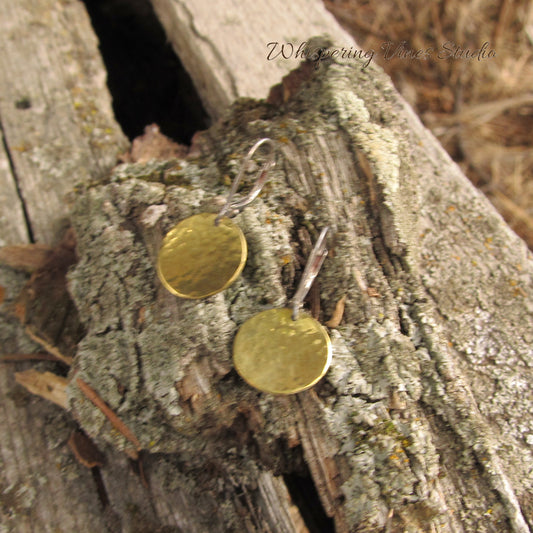 Handmade Brass Disc Earrings with Sterling Silver Leverback Ear Wires