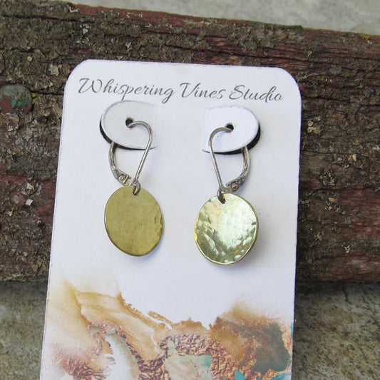 Handmade Brass Disc Earrings with Sterling Silver Leverback Ear Wires