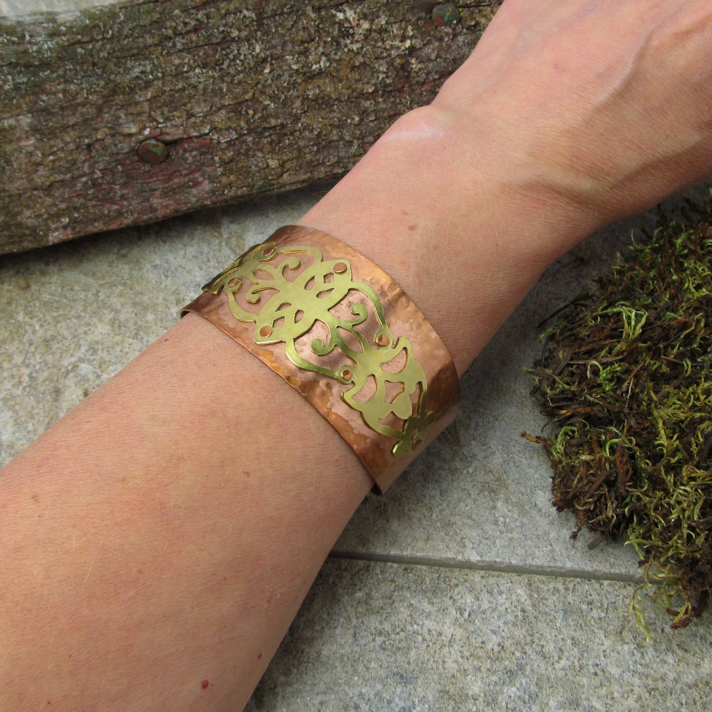 Handcrafted Copper Cuff with Intricate Brass Detail Cut Out