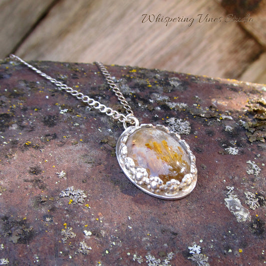 Handcrafted Cacoxenite Gemstone OOAK Pendant with Floral Sterling Bezel Setting and Sterling Silver 18'' Chain
