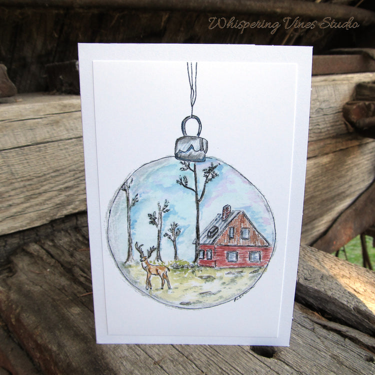 Christmas 2025 Nature-Themed 4x6 Notecards with Christmas Ball & Deer, Blank Inside, Original Watercolor Print