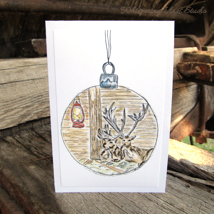 Christmas 2025 Nature-Themed 4x6 Notecards with Christmas Ball & Deer, Blank Inside, Original Watercolor Print