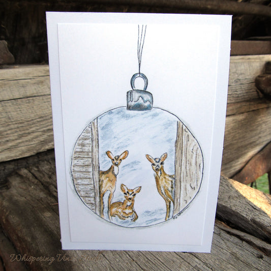 Christmas 2025 Nature-Themed 4x6 Notecards with Christmas Ball & Deer, Blank Inside, Original Watercolor Print