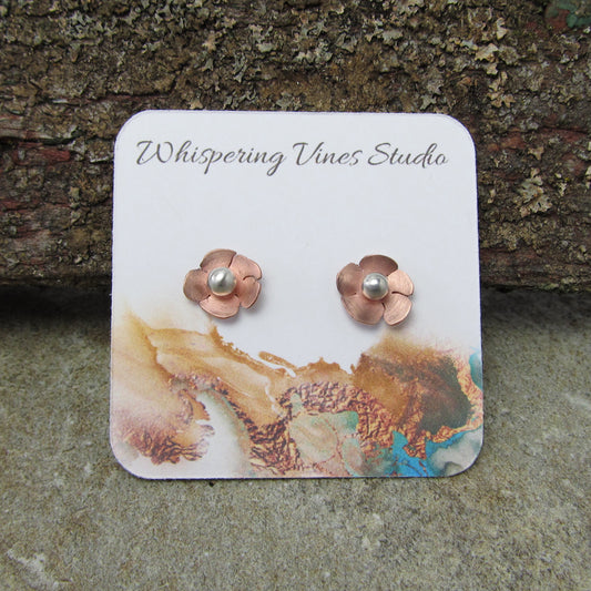 Dainty Handcrafted Copper Flower Stud Earrings with Sterling Silver Post