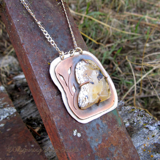 Montana Agate Necklace with Cut-out Copper Leaves, Handcrafted in Sterling Silver and Copper