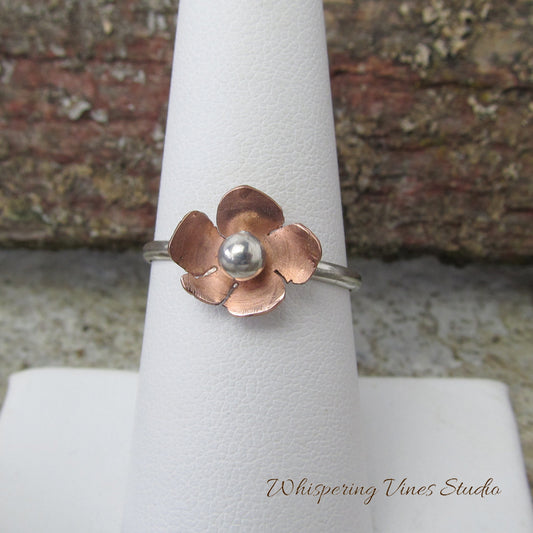 Dainty Handcrafted Montana Copper Flower Ring with Sterling Silver Center and Band
