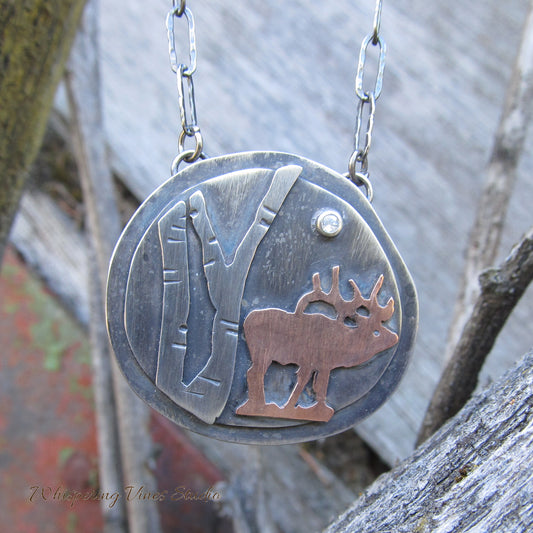 Sterling Silver Elk Pendant with Birch Tree Motif: An Exclusive, Handcrafted Nature Jewelry Piece