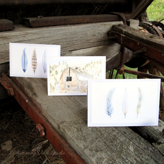 Feather and Barn Series - Set of Three Artisan Watercolor Notecards (4x6)