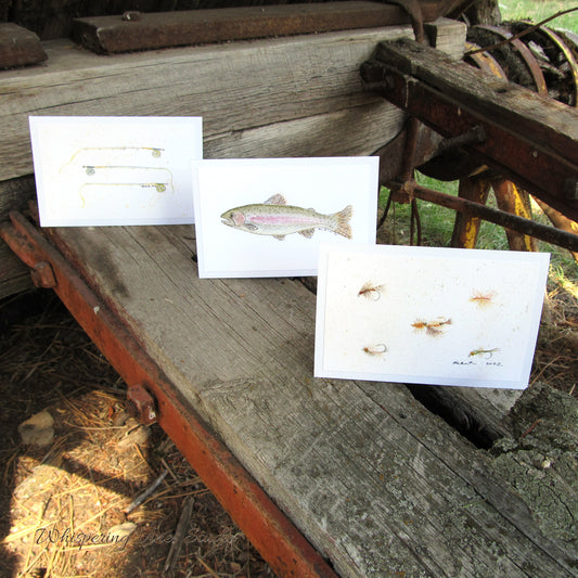 Fishing Themed Notecards Set 4x6 – Featuring Rainbow Trout, Fly Ties & Fly Rods Inspired by Original Watercolor Paintings