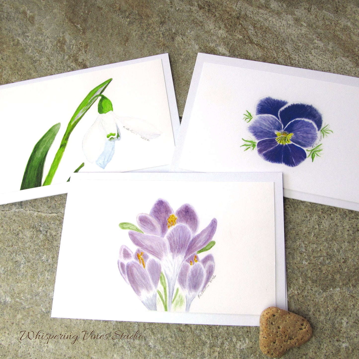 Spring Florals: Set of 3 Original Watercolor Art Notecards - Crocus, Violet, and Snowdrop