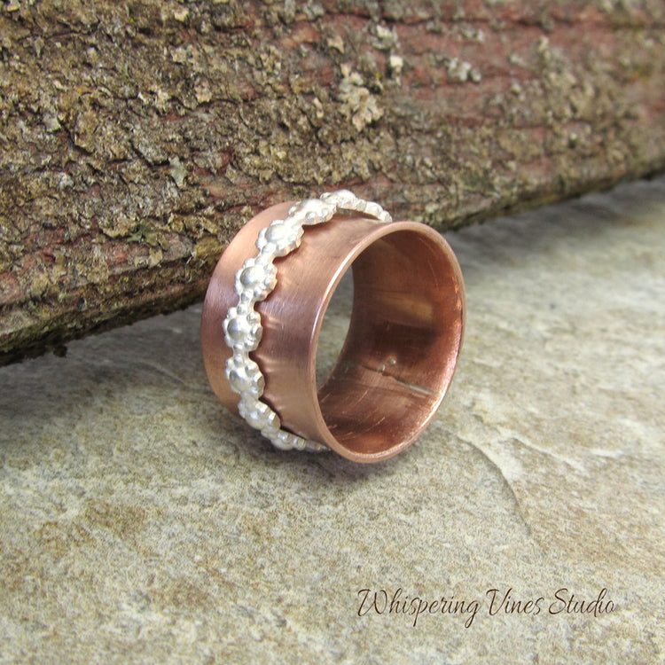 Handcrafted Sterling Silver Floral Spinner Ring with Uncoated Copper Band