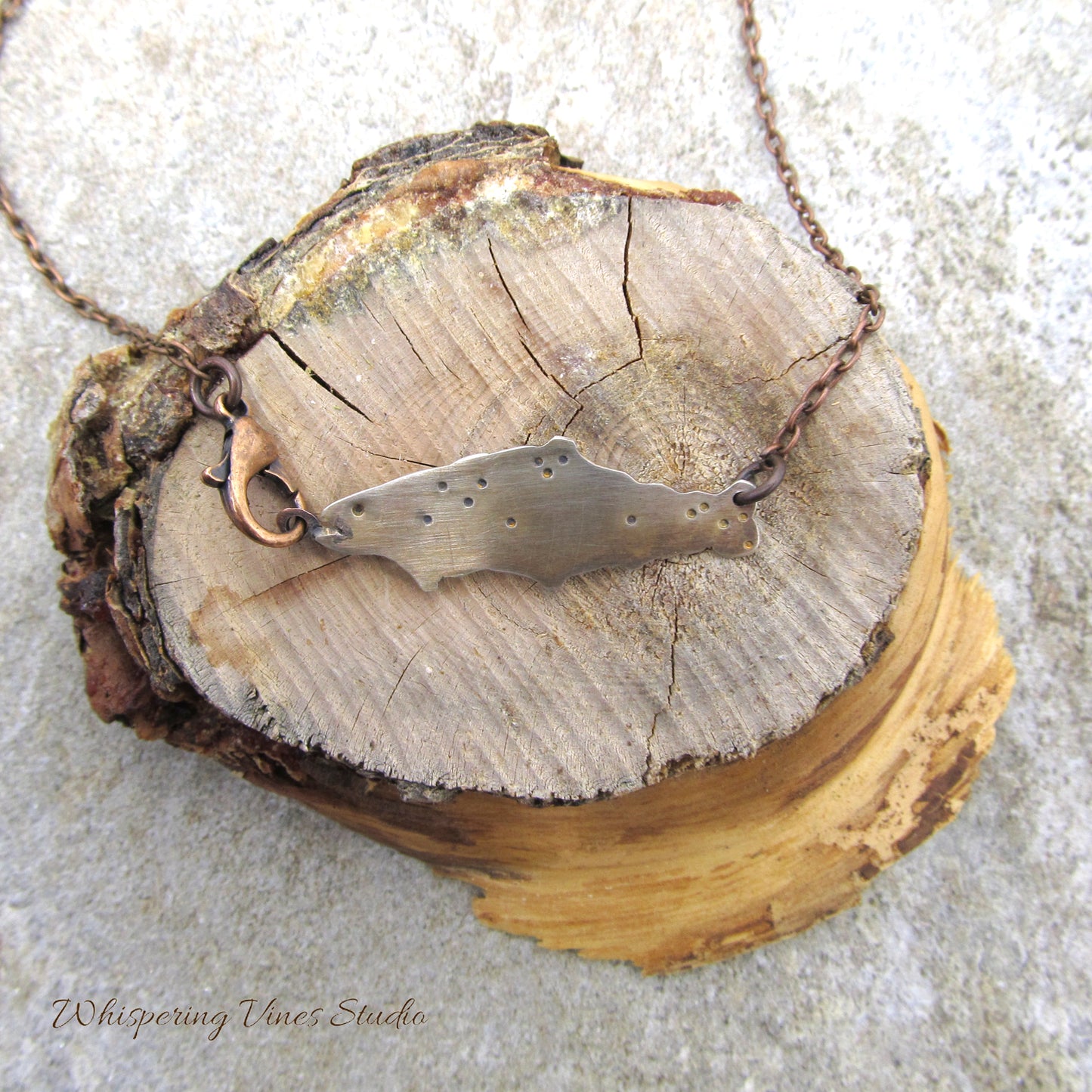 Handcrafted Sterling Silver Hooked Trout Pendant Necklace with Copper Chain