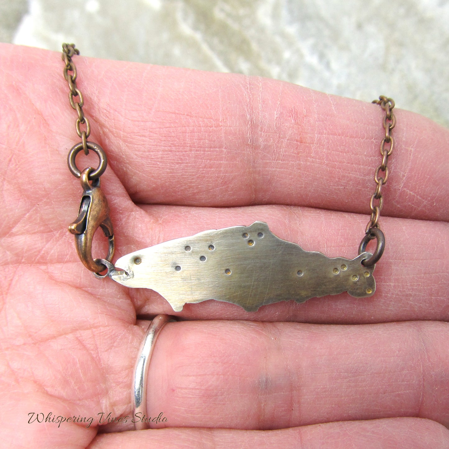 Handcrafted Sterling Silver Hooked Trout Pendant Necklace with Copper Chain