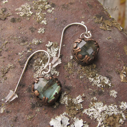 Fairytale Heart Shaped Labradorite Handmade Bezel Set Earrings