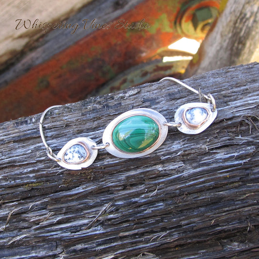 Handcrafted Malachite & Dendritic Opal Adjustable Sterling Silver Bracelet with Copper Bezel Setting